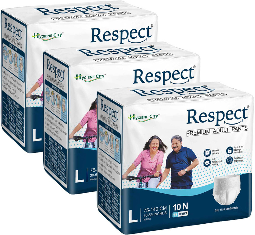 RESPECT Unisex Pull-Up Pants, 10hrs Absorption | Waist Size (30-55inch) | Pack of 3 Pant Diapers - L(30 Pieces)
