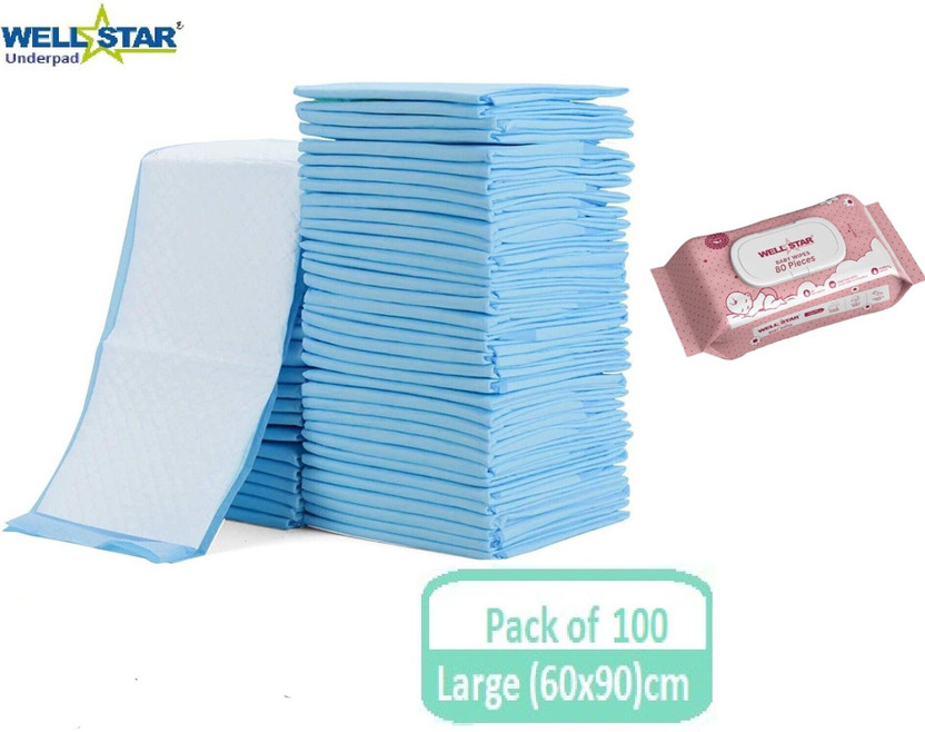 Wellstar Underpads in 100 pcs bulk packing large size 60X90 with Wipes Adult Diapers - L(100 Pieces)