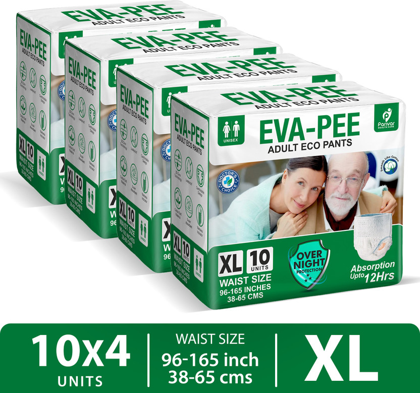 EVA-PEE Adult Eco Pull-Up Pants, 12hrs Absorption | Waist Size (38-65inch) | Pack of 4 Pant Diapers - XL(40 Pieces)