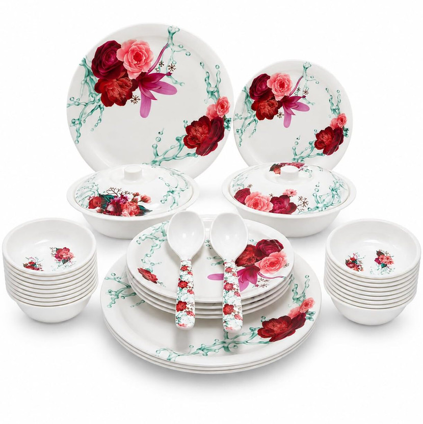 Arova Pack of 32 Melamin 32 Pcs Floral Unbreakable Dinner Set | Premium Plates, Bowls & Serving Set Dinner Set(Multicolor)