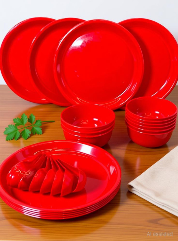 ANUWORD Pack of 18 Plastic Dinner Plates with & Bowls 18 PCS Ideal for Everyday Use, Family Dinner Set(Red, Microwave Safe)