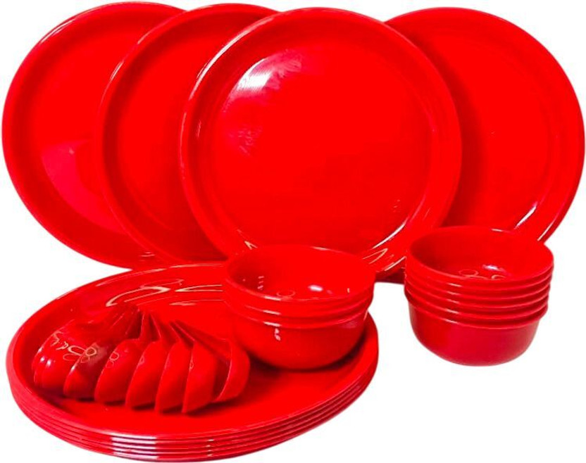 ANUWORD Pack of 18 Plastic Dinner Plates with & Bowls 18 PCS Ideal for Everyday Use, Family Dinner Set(Red, Microwave Safe)