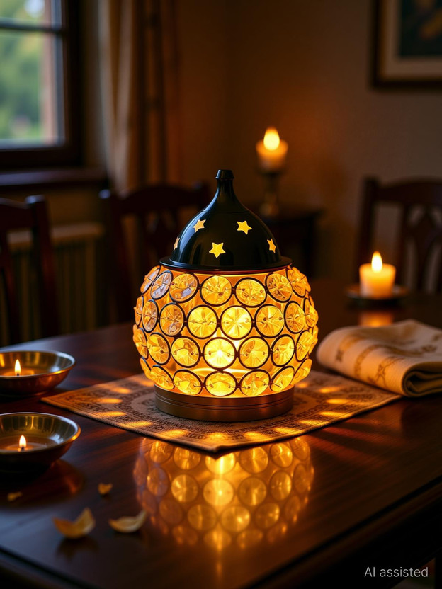 SAARTHI Brass Crystal Oil Lamp Tea Light Holder Lantern Oval Shape Brass Table Diya(Height: 4 inch)