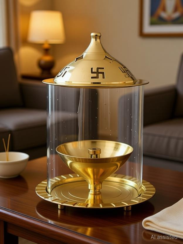 ROYALTRADERS Brass Akhand Jyot Table Diya Brass, Glass Table Diya(Height: 4.5 inch)