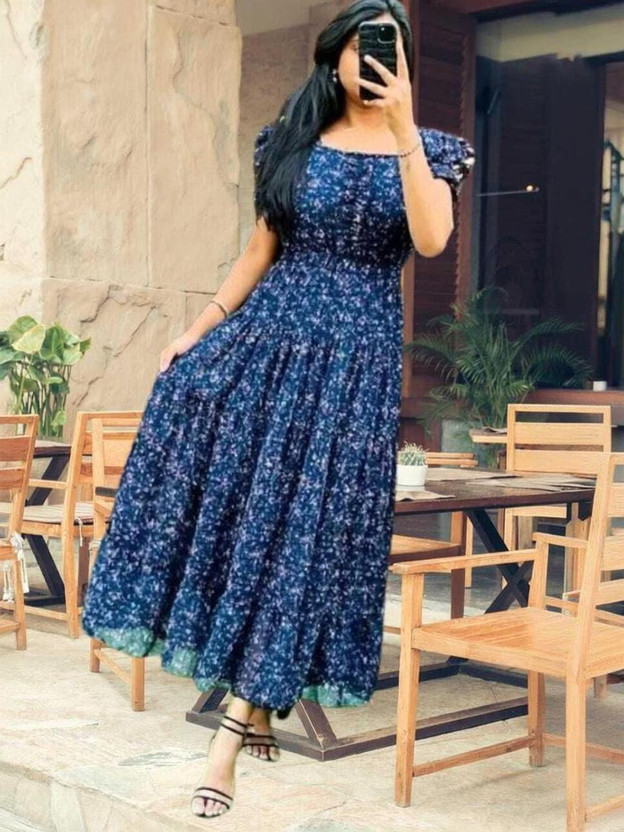 simran collections Women Fit and Flare White Maxi/Full Length Dress