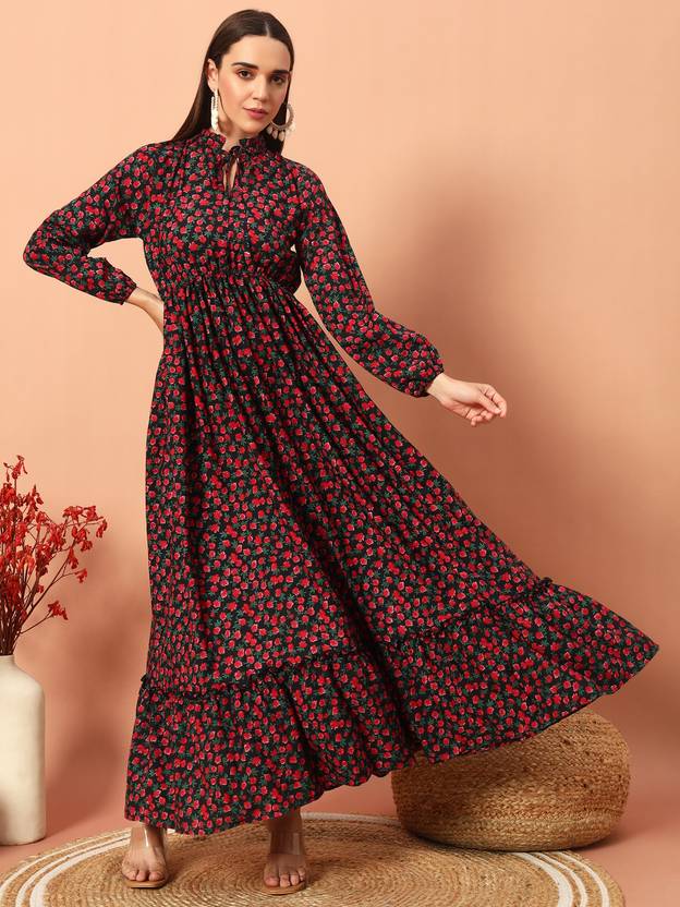 ZWERLON Women A-line Black, Red Maxi/Full Length Dress