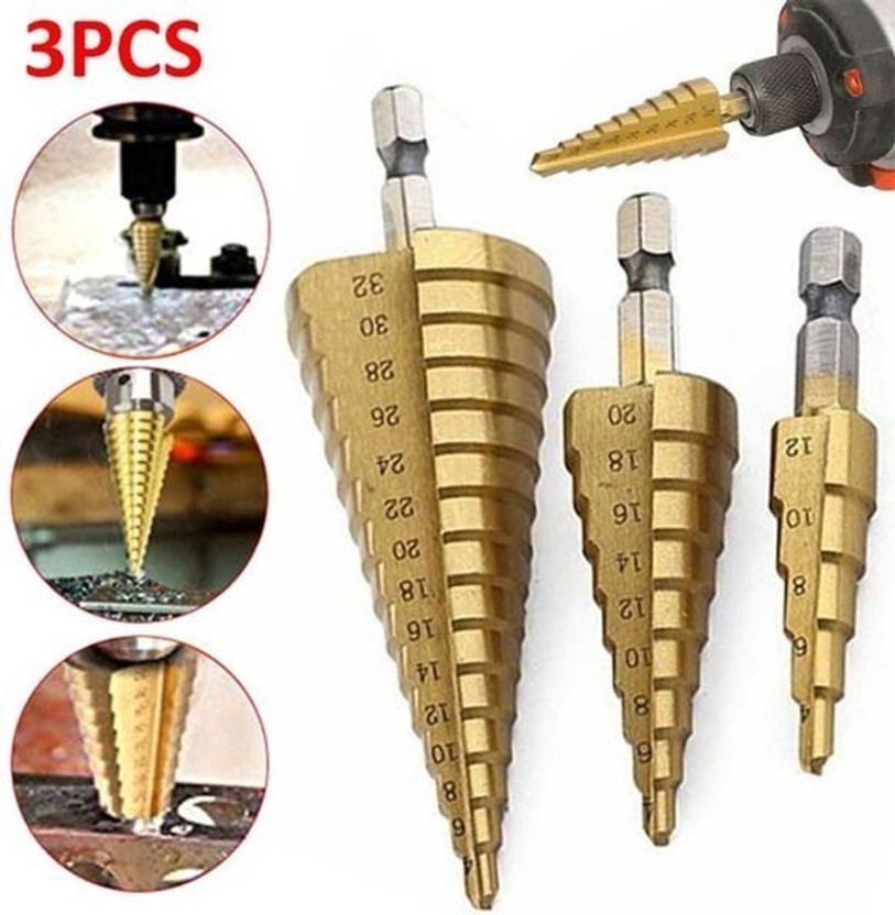 ATOZTOOLS HSS Steel Step Cone Titanium Drill Bit Hole Cutter Tool for using to cut holes in steel, brass, wood, plastic,iron
