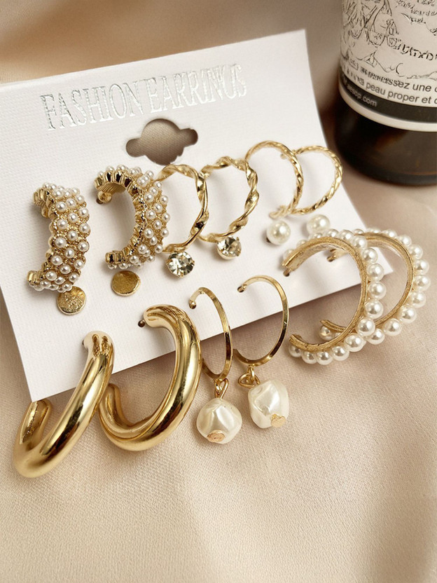 Vembley Combo 9 Pair Stunning Gold Plated Pearl Crystal, Pearl Alloy Hoop Earring
