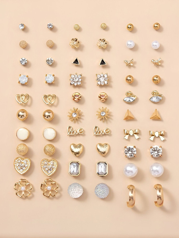Vembley Vembley Set Of 30 Pairs Gold-Plated Trendy Crystal, Cubic Zirconia, Crystal, Pearl Alloy Stud Earring - Flipkart Deal