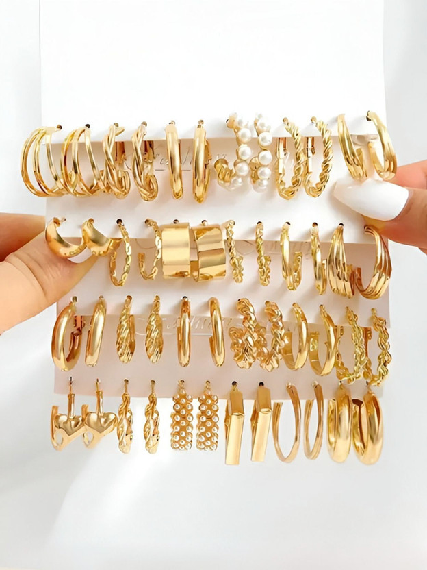 Vembley Combo Of 24 Pairs Gold Plated Hoop And Pearl Earrings For Women/Girls Alloy Hoop Earring
