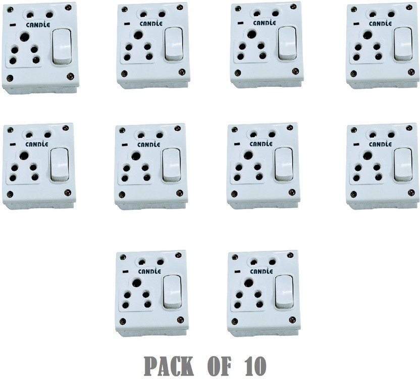 CANDLE CANDLE 6amp. 1 Switch+2 Outlets+Indicator Switch Socket Combined Board With Box 6 A One Way Electrical Switch(Pack of 10 Number of Switches - 1)