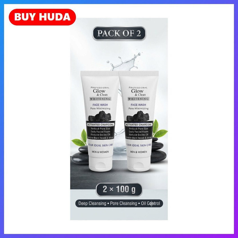 BUY HUDA Glow & Clean Charcoal  for Everyday Facial Care 100g x 2 Face Wash(200 ml)