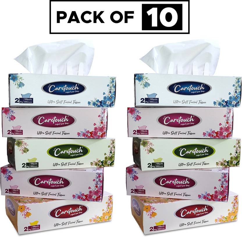 CARETOUCH 2 Ply Ultra Soft Facial Tissue 100 Pulls (Pack of 10 Box