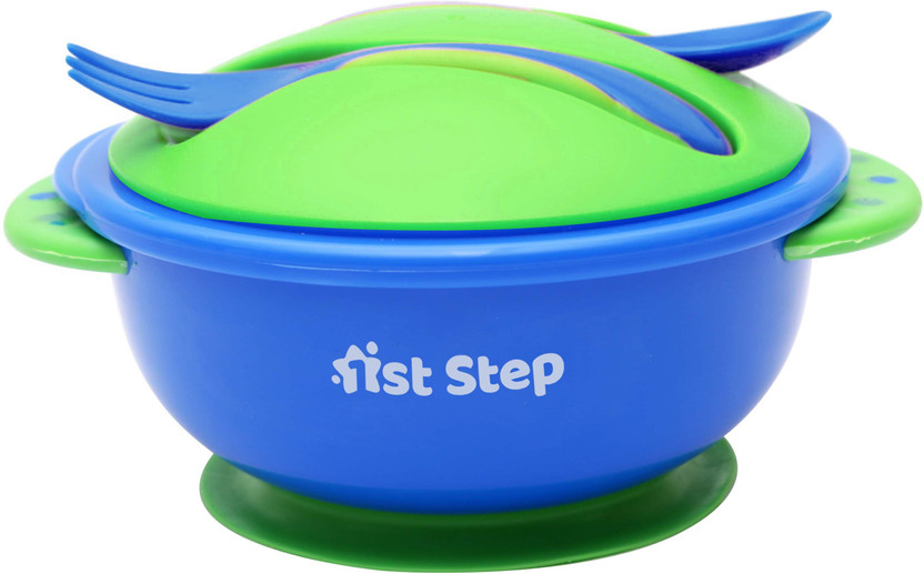 1st Step Baby Feeding Bowl with Lid, Suction Base, Spoon & Fork Cutlery Set  - Food Grade Plastic(Green)