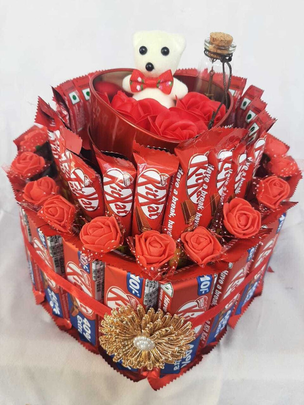 Happy Basket By Simran Heart Shaped Kitkat Gift Hamper For Valentine With Teddy Box & Message Bottle Plastic Gift Box(Multicolor)