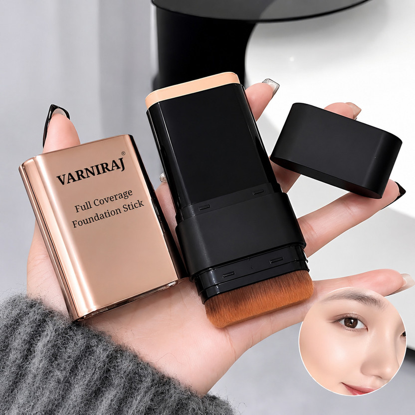 Varniraj Korean 2 in 1 Foundation Stick Waterproof with Brush Full Coverage for Women Foundation(Light Beige, 20 g)