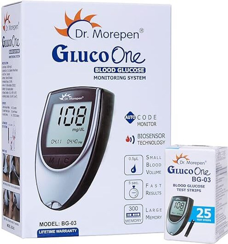 Dr. Morepen GlucoOne Blood Glucose Monitor Model BG 03 with 25 Strips Glucometer(White, gray)