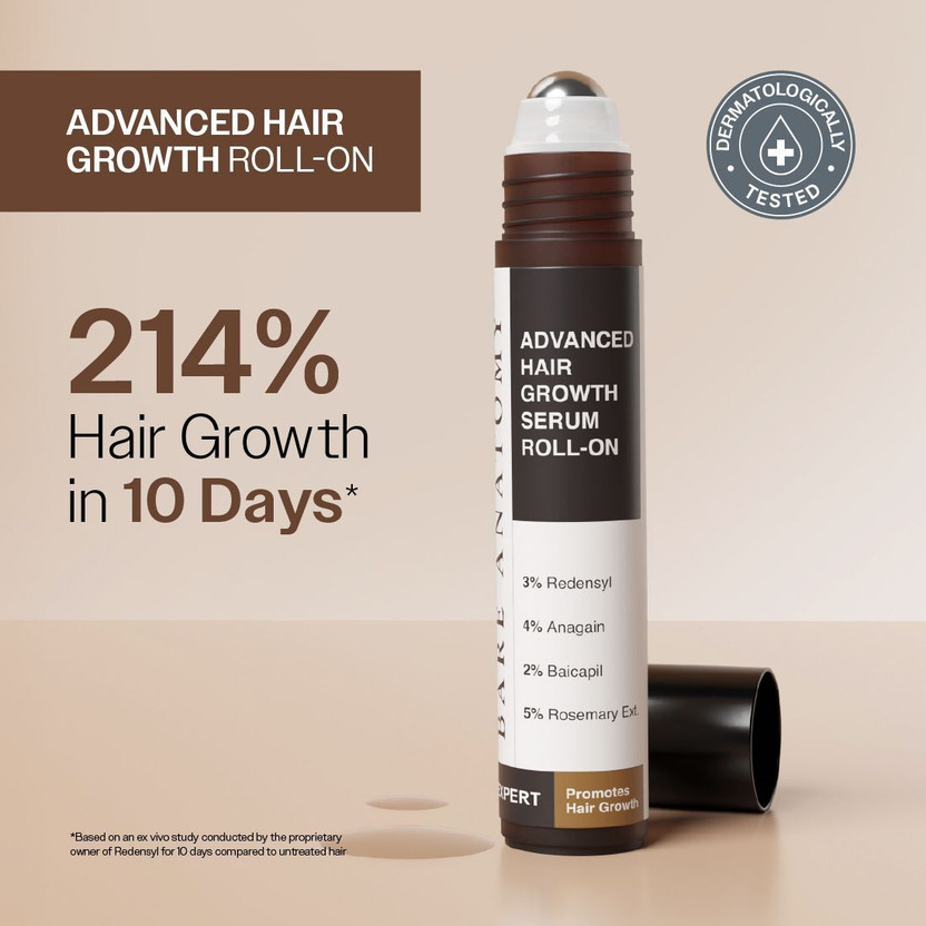 BARE ANATOMY Advanced Hair Growth Serum Roll-On | Redensyl, Anagain, Rosemary, Rice Water(25 ml)