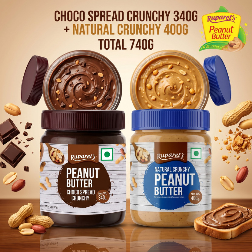 ruparel's PEANUT BUTTER CHOCO SPREAD CRUNCHY 340G & NATURAL CRUNCHY 400G TOTAL 740G(0.74 kg, Pack of 2)