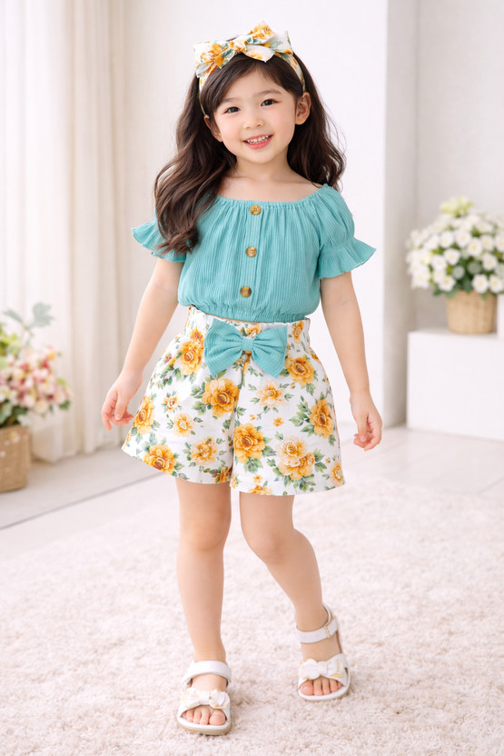 Minicharm Minicharm Baby Girls Casual Top Shorts, Hairband(Teal) - Flipkart Deal