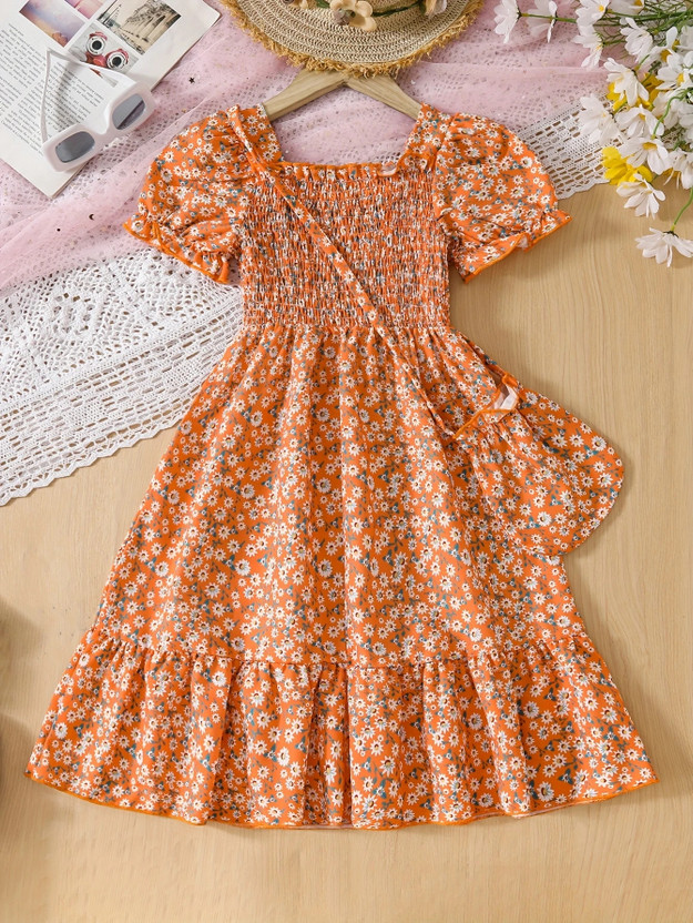 Sheetal Associates Indi Girls Midi/Knee Length Casual Dress(Orange, Short Sleeve)