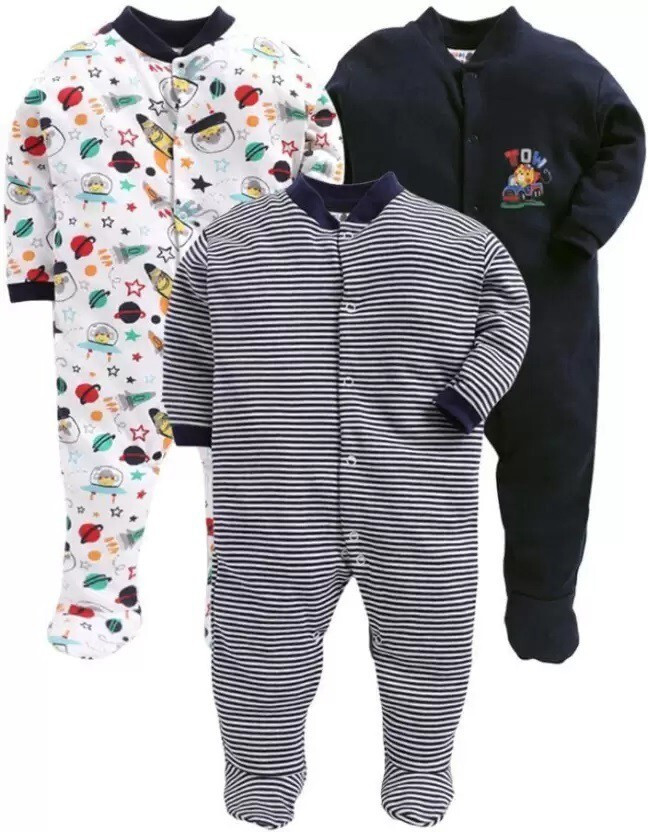 SMILEY APPU CLOTHING Romper For Baby Boys & Baby Girls Printed, Striped, Solid Hosiery(Black, Pack of 3)