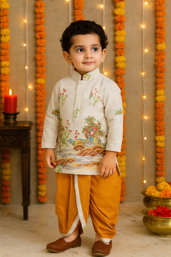 New Ekta Dresses Baby Boys Festive & Party Kurta and Dhoti Pant Set(Beige Pack of 1)