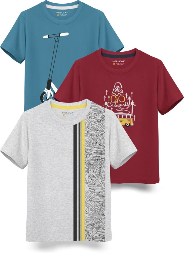 Hellcat Boys Graphic Print Cotton Blend Regular T Shirt(White, Pack of 3)