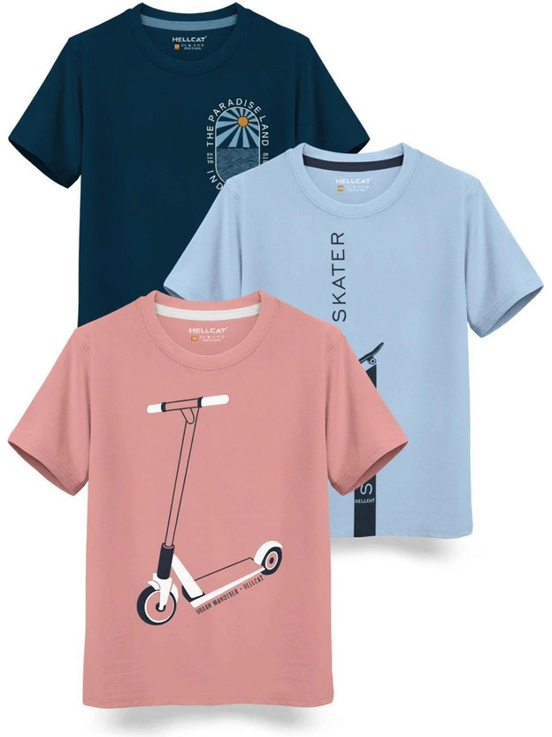 Hellcat Boys Printed Cotton Blend Regular T Shirt(Blue, Pack of 3)