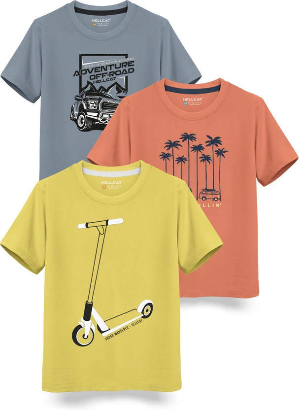 Hellcat Boys Printed Cotton Blend Regular T Shirt(Orange, Pack of 3)
