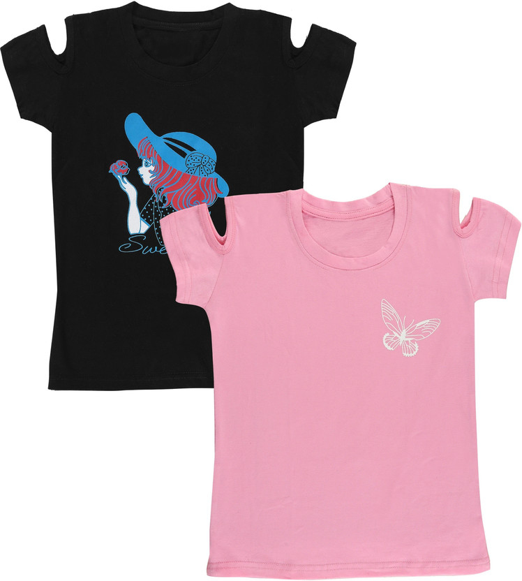 fasla Girls Casual Cotton Blend Top(Black, Pink, Pack of 2)