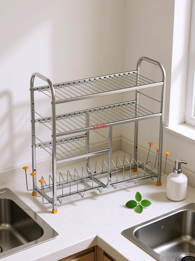 AVAIL Utensil Kitchen Rack Steel 4 Shelves Dish Rack | 24 x 24 Inch | Steel Kitchen Stand | Steel Storage Rack |