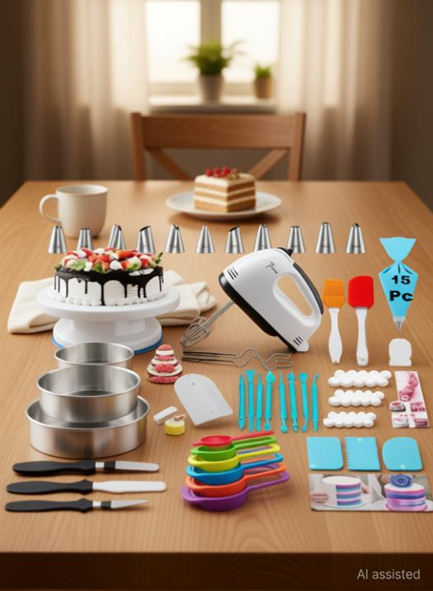 NIJAMRUT NIJAMRUT Cake Making Tools Round Easy Rotate Cake Table Nozzle 3 Scrapper spatula brush Kitchen Tool Set(Multicolor, Baking Tools, Brush, Cooking Spoon, Knife, Measuring Jug, Spatula) - Flipkart Deal