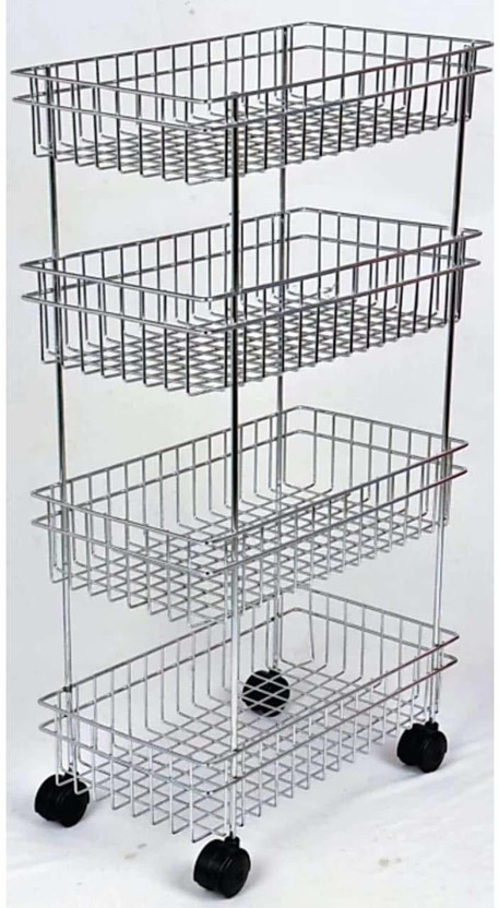 NMS TRADERS 4 Layer Portable Modern Fruit and Vegetable Stand Basket Trolley Morden Onion Potato Cutlery, Spice, Pickles Jars Container Basket Organizer Holder Stand Kitchen Storage Original Steel Kitchen Trolley Stainless Steel Kitchen Trolley(Pre-assembled)