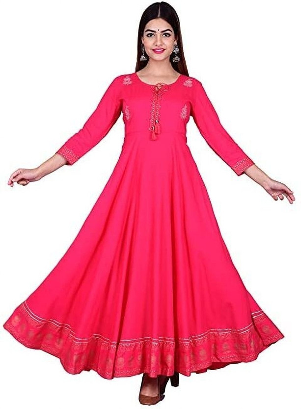 ALHD Women Embroidered Anarkali Kurta(Pink)