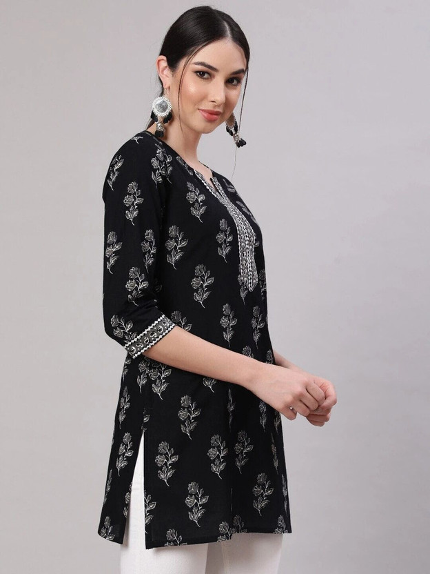 JSIMAR Women Printed Straight Kurta(Black)