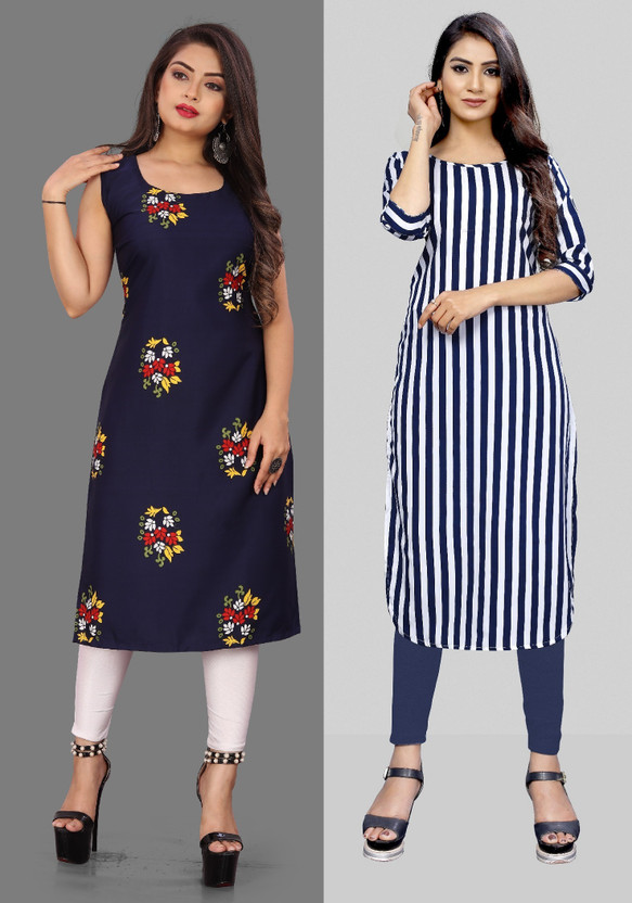 maruti maruti fab Women Printed Straight Kurta(Blue, Dark Blue) - Flipkart Deal