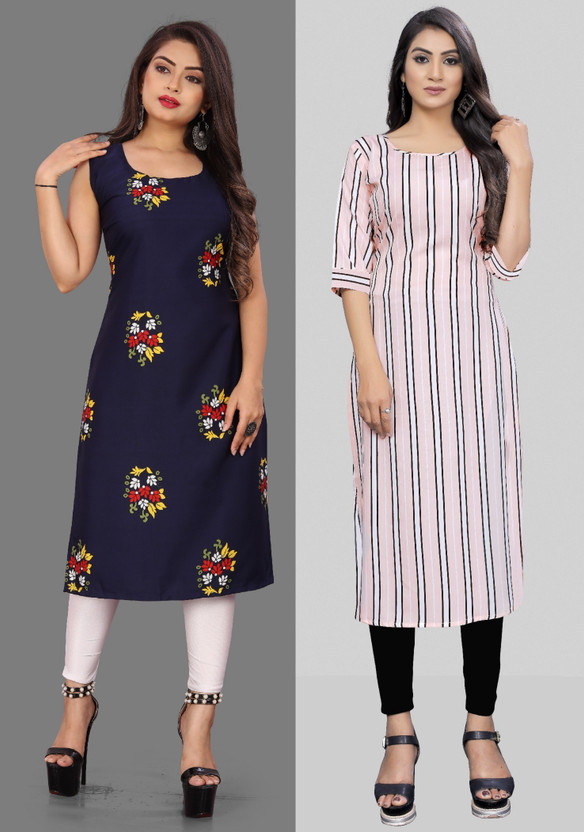 maruti fab Women Printed Straight Kurta(Pink, Dark Blue)