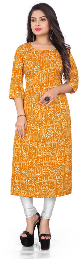 maruti fab Women Printed Straight Kurta(Yellow)