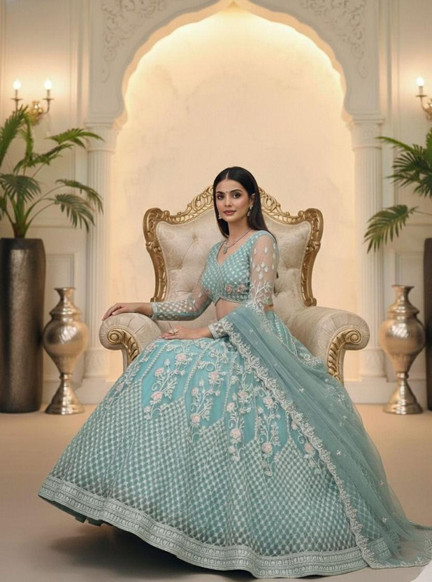 Udbhav Export Embroidered Semi Stitched Lehenga Choli(Blue)