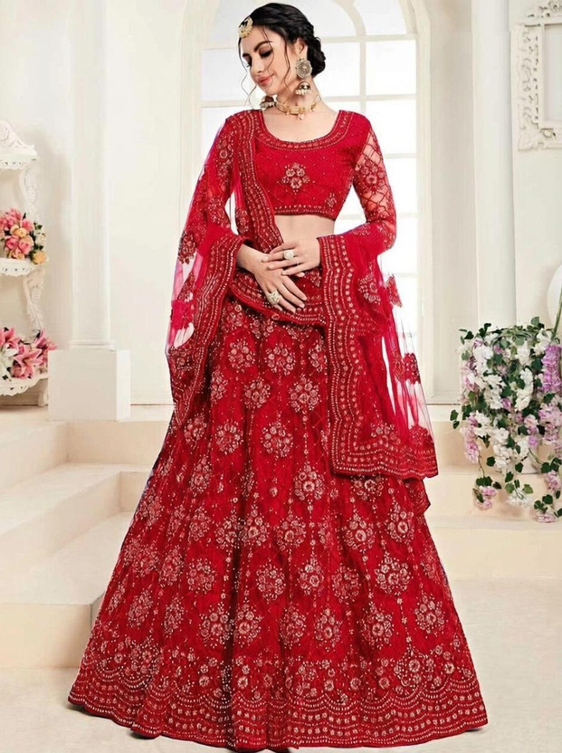 KOMAL Embroidered Semi Stitched Lehenga Choli(Red)