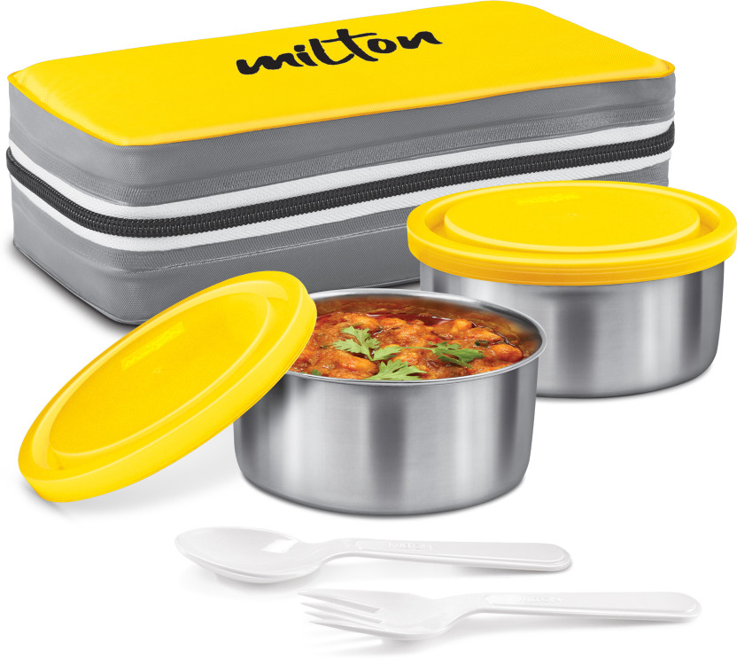 MILTON New Mini Insulated Tiffin with 2 , 280 ml Each, Yellow 2 Containers Stainless Steel Office Lunch Box(280 ml)