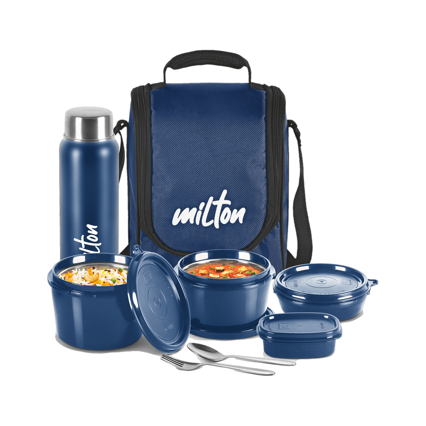 MILTON Pro Lunch Box (3 Containers, 1 Chutney Dabba, 1 Bottle, Spoon, Fork), Blue 4 Containers Stainless Steel, Plastic Office Lunch Box(1800 ml)