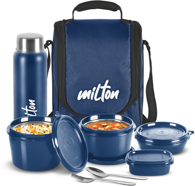 MILTON Pro Lunch Box (3 Containers, 1 Chutney Dabba, 1 Bottle, Spoon, Fork), Blue 4 Containers Stainless Steel, Plastic Office Lunch Box(1800 ml)