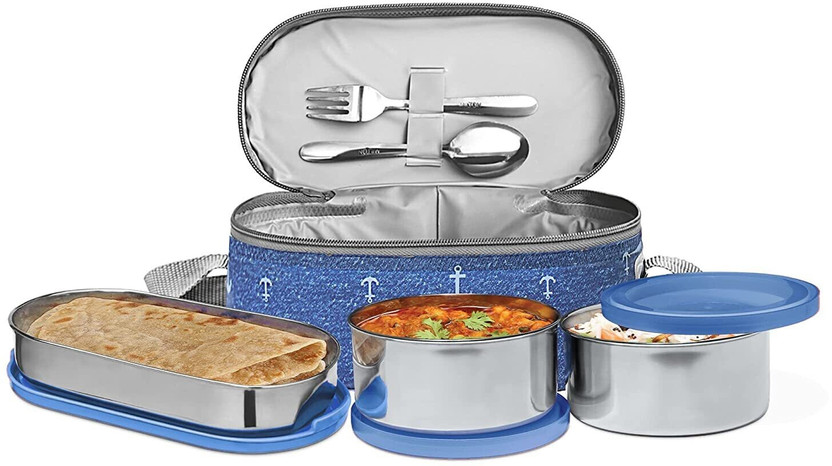 MILTON Corporate Stainless Steel ,(2 x 280 ml, 472 ml),Blue 3 Containers Stainless Steel Office Lunch Box(1032 ml)