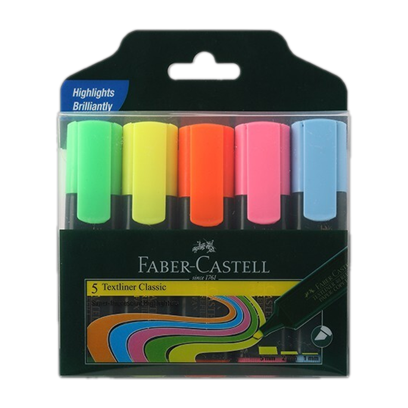 FABER-CASTELL Textliner Assorted Set Of 5 (Classic)(Set of 5, Green, Yellow, Orange, Pink, Blue)