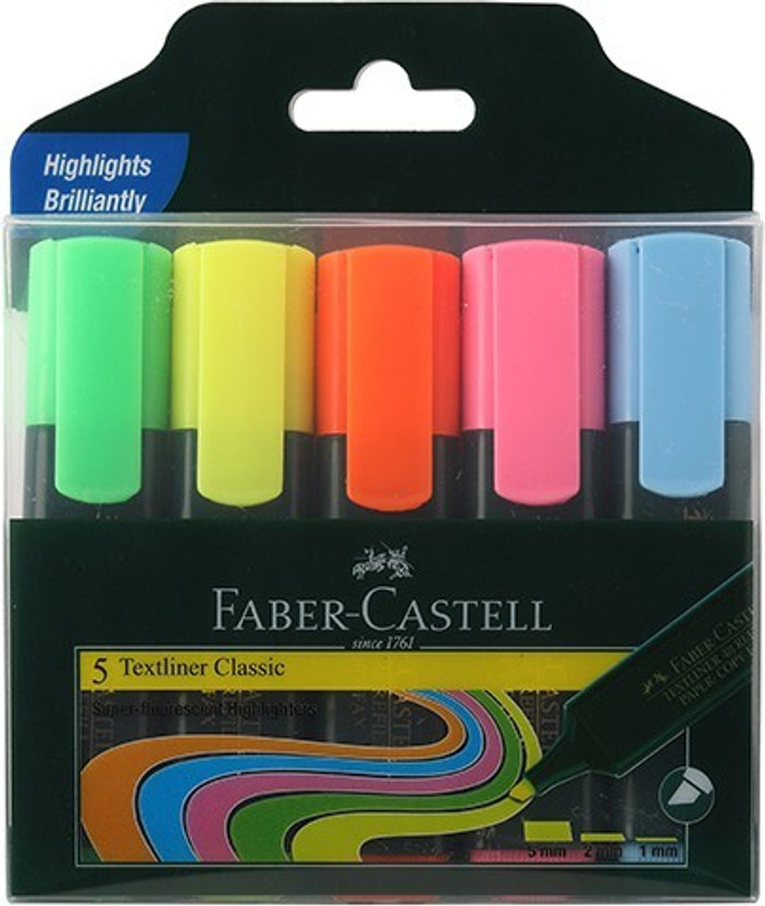 FABER-CASTELL Textliner Assorted Set Of 5 (Classic)(Set of 5, Green, Yellow, Orange, Pink, Blue)
