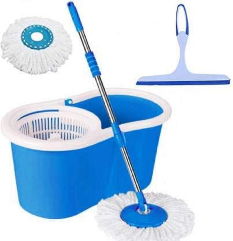GTE Magic Bucket Spin Cleaning Mop with 2 Refill and 1 Glass Wiper Mop Set Mop Set(Blue)