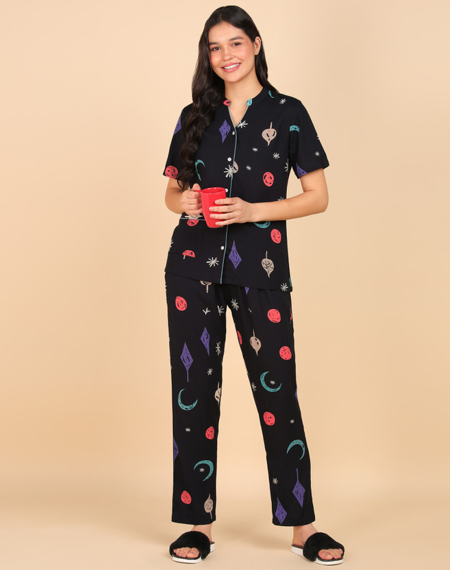 Asami Women Printed Dark Blue Night Suit Set