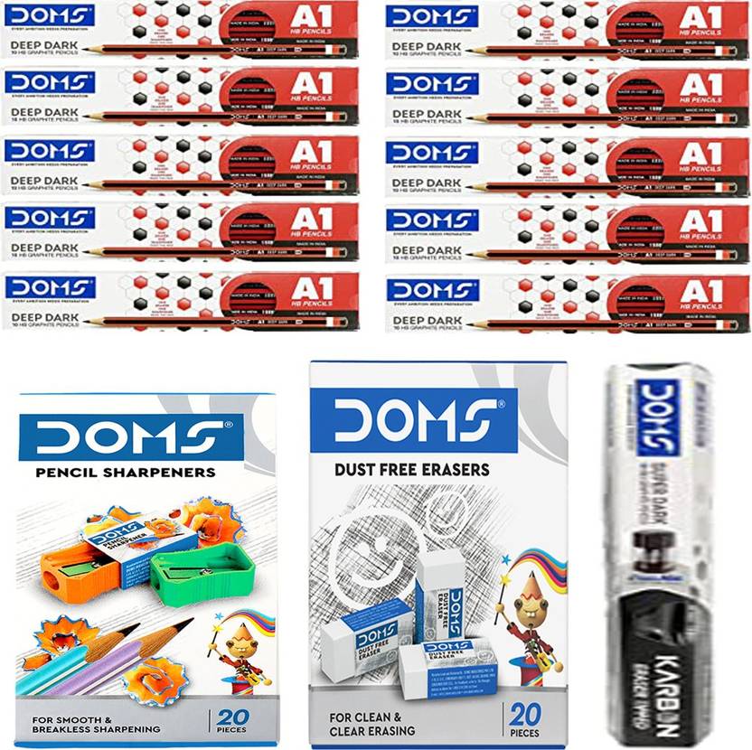 DOMS 100 A1 HB PENCIL+20 DUST FREE ERASER+20 PENCIL SHARPENERS+10